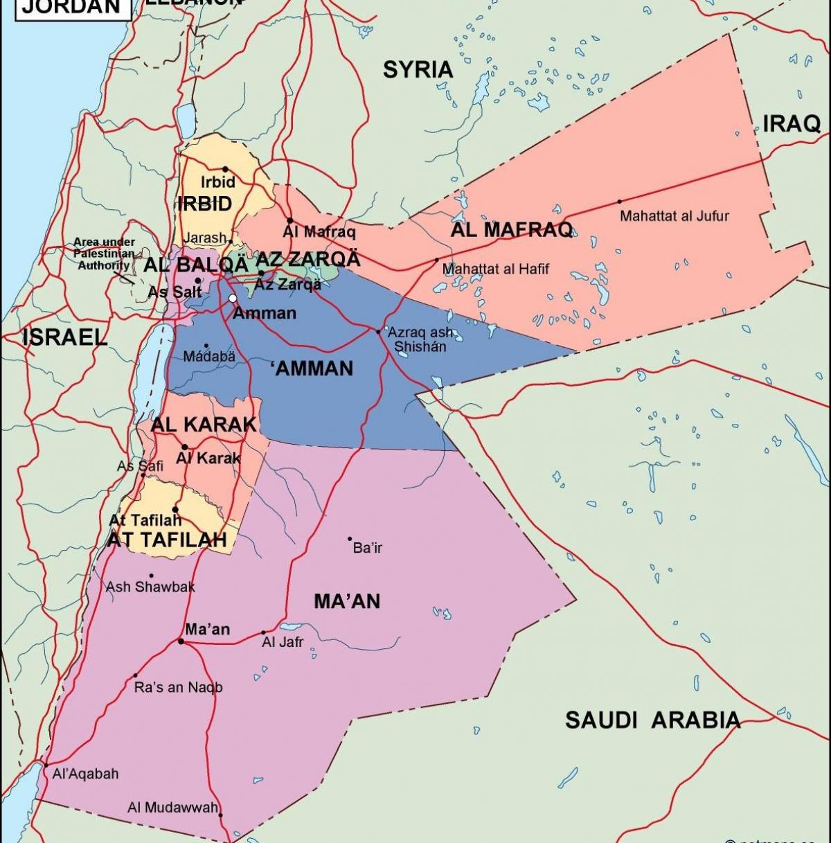 žemėlapis Jordanija politinė